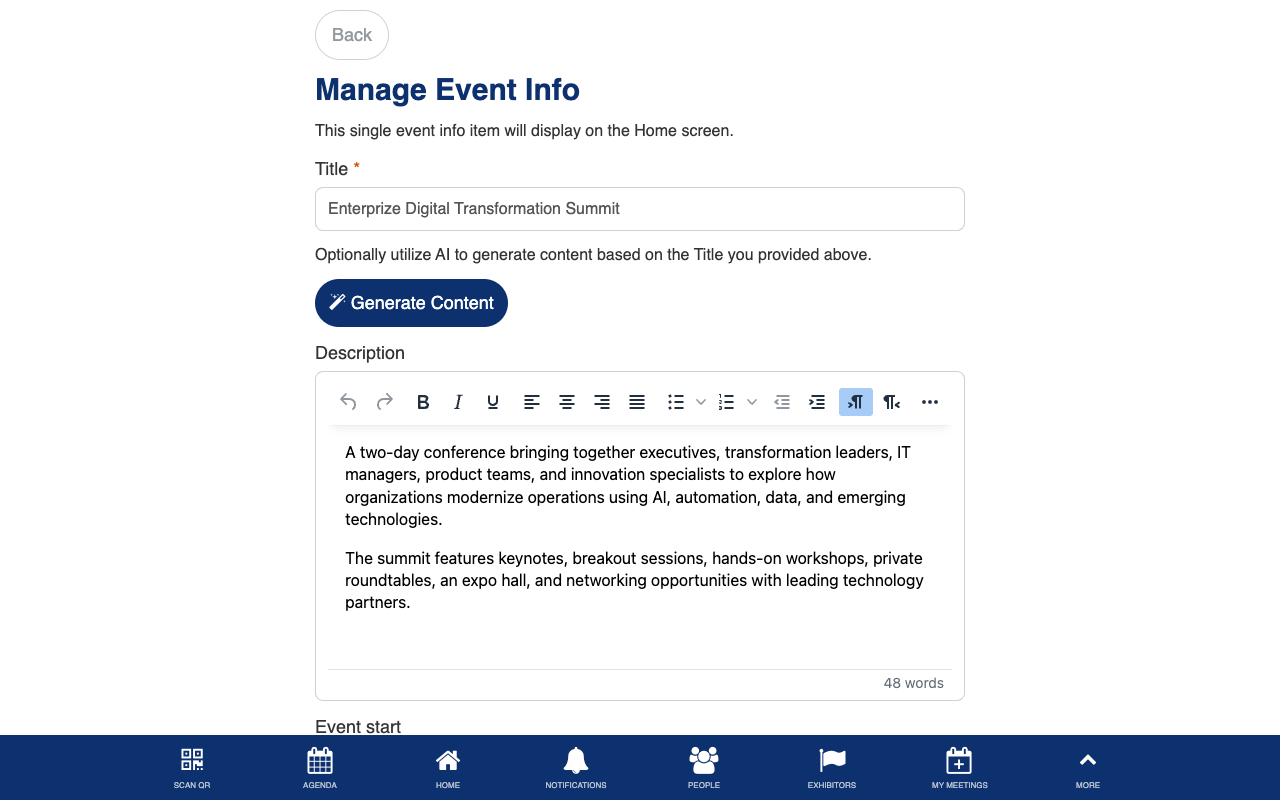 Manage event info form