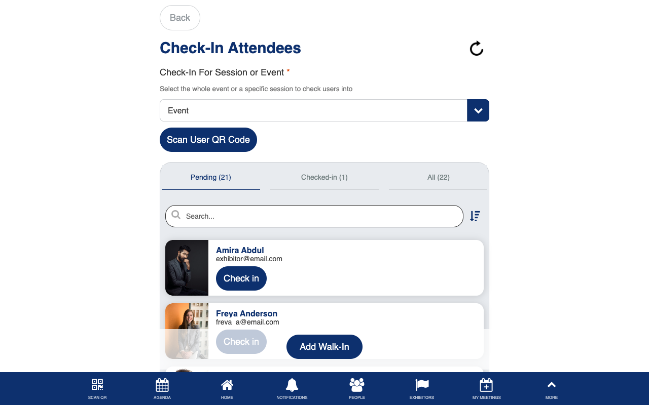 Admin check-in dashboard