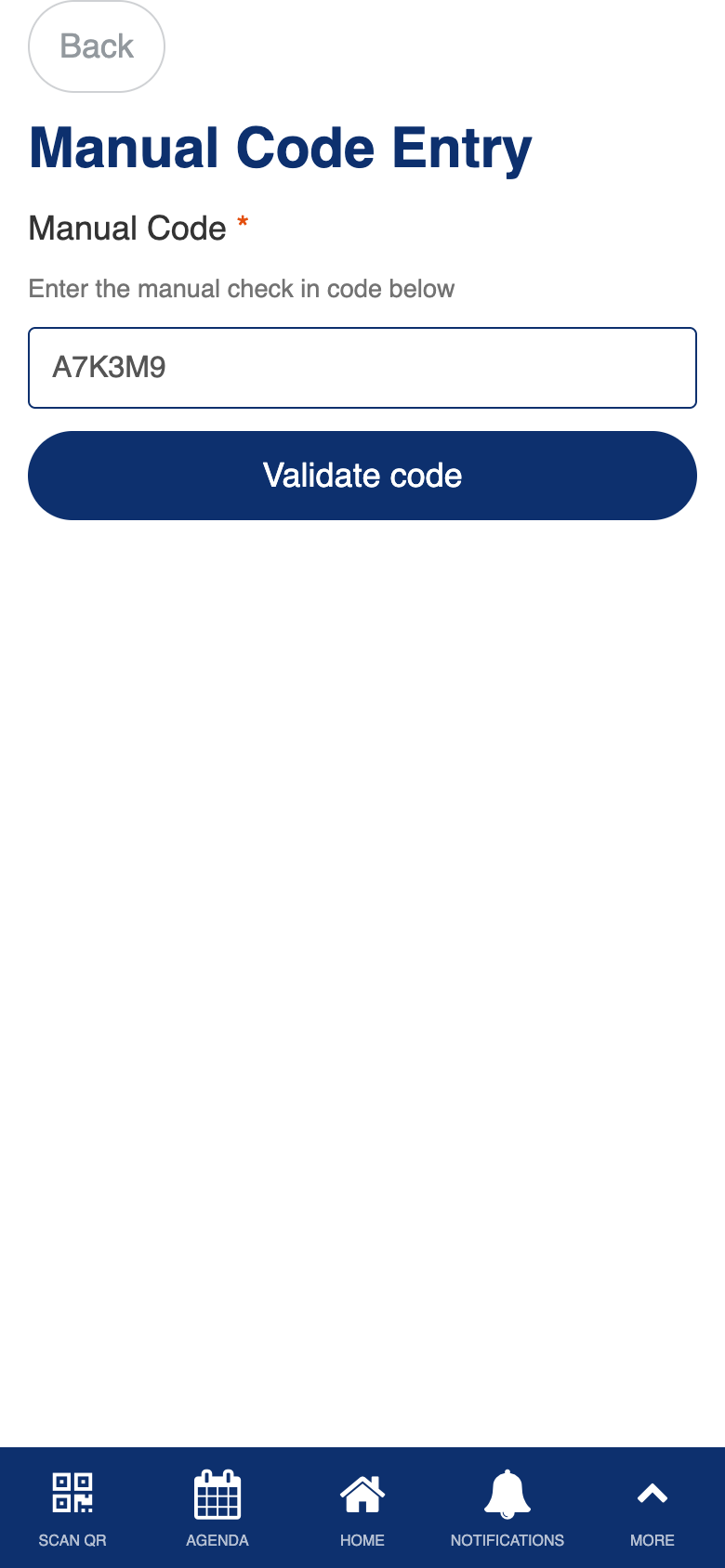Manual code entry form