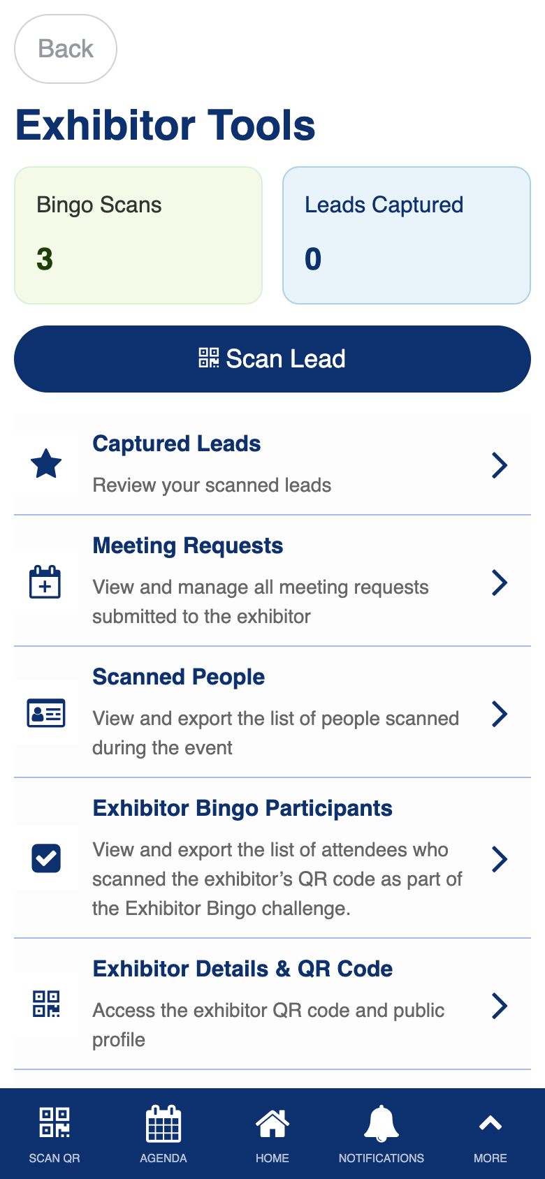 Exhibitor tools dashboard