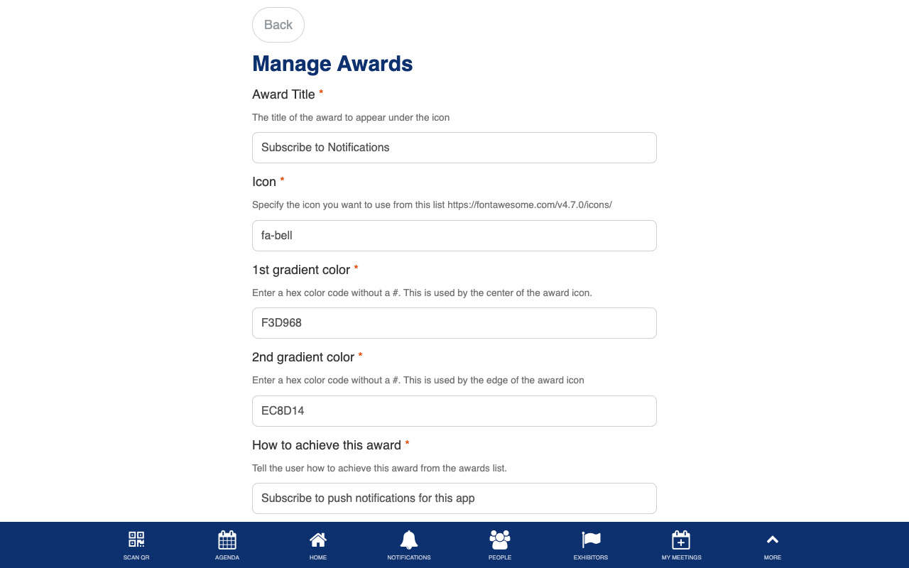 Manage awards form