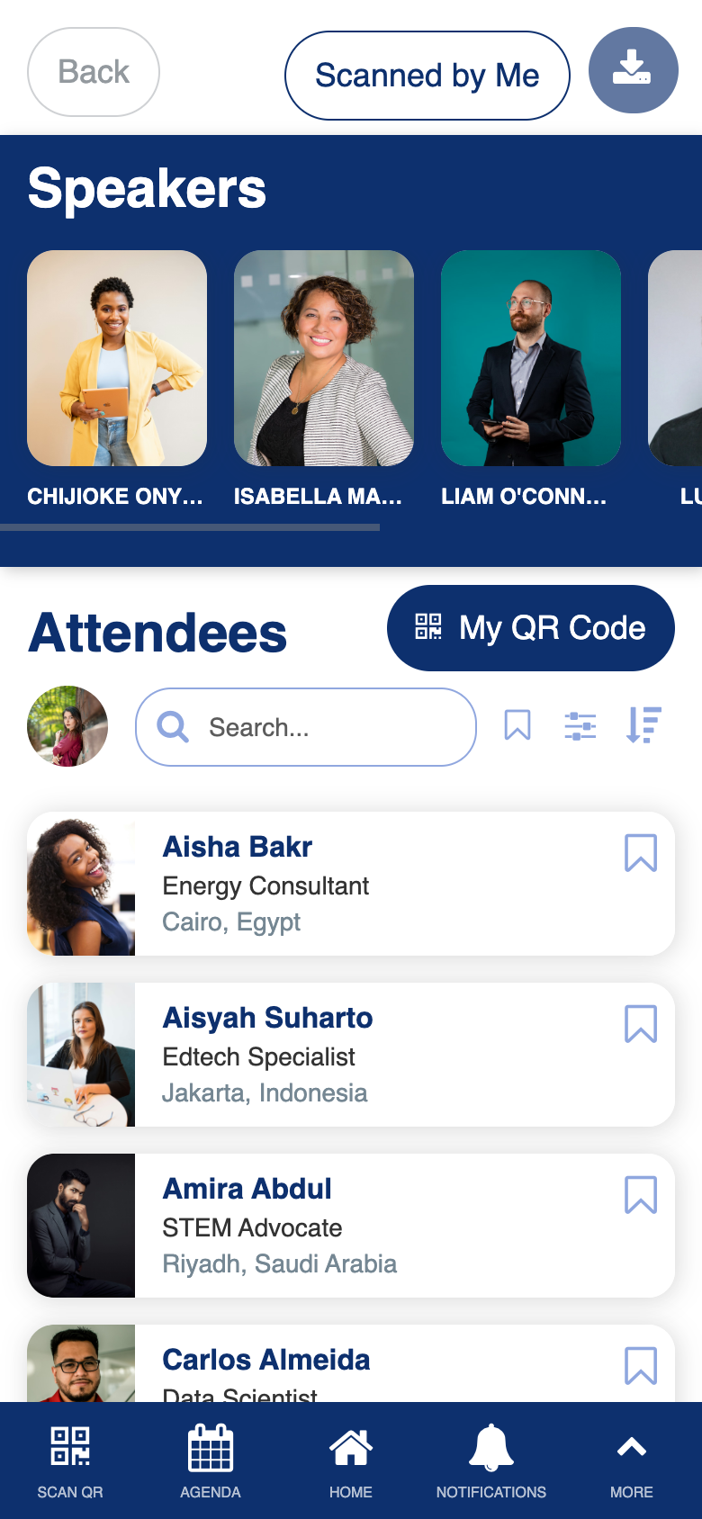 Attendees and speakers directory showing speaker carousel and attendee list with search
