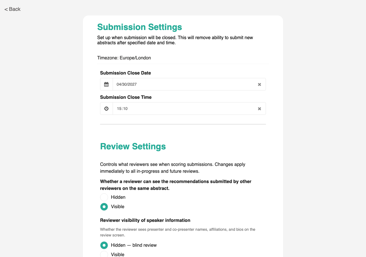 Submission Settings: Close Date and Close Time pickers with local timezone label