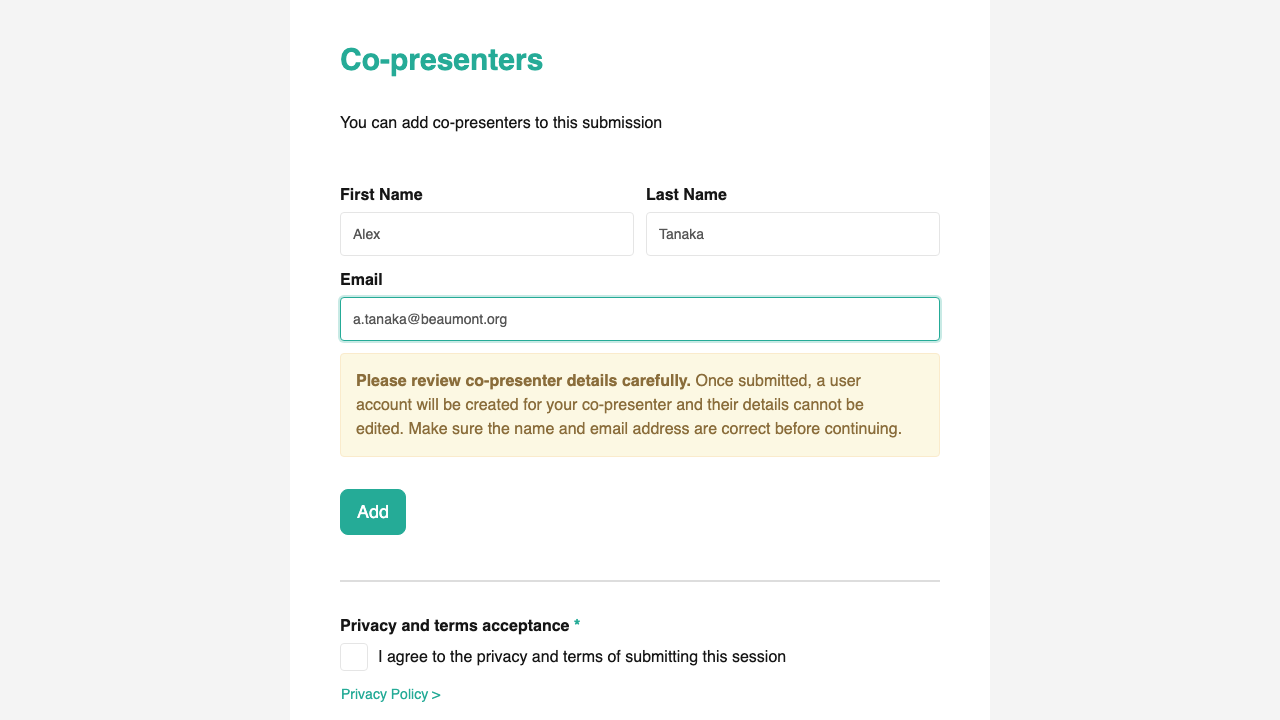 Co-presenter subform with name, email, and reminder callout