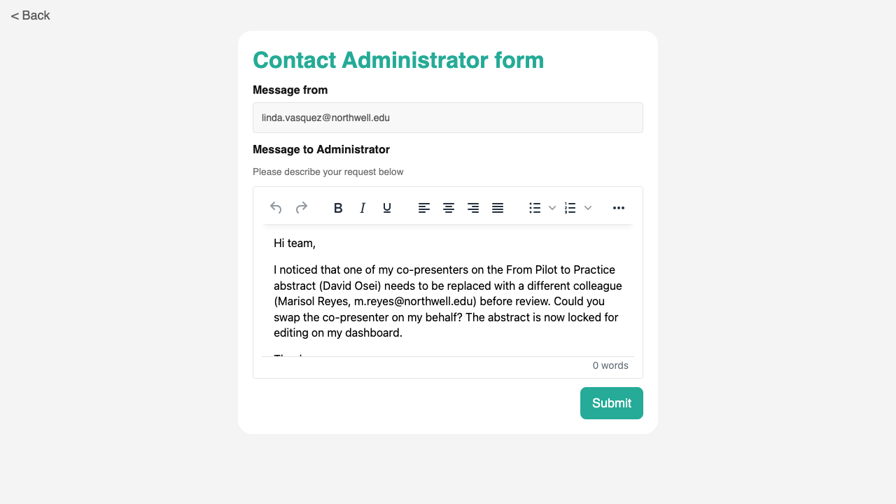 Contact Administrator form with sender email and message body