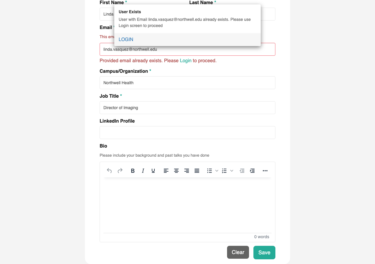 Duplicate-email warning with toast and inline error