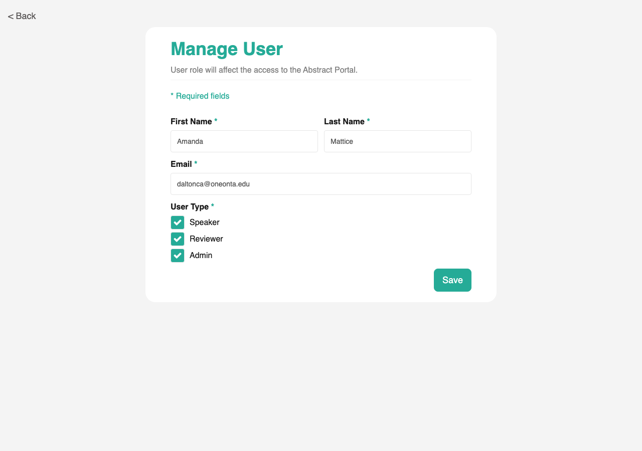 Manage User form with all three User Type boxes ticked (Speaker + Reviewer + Admin)