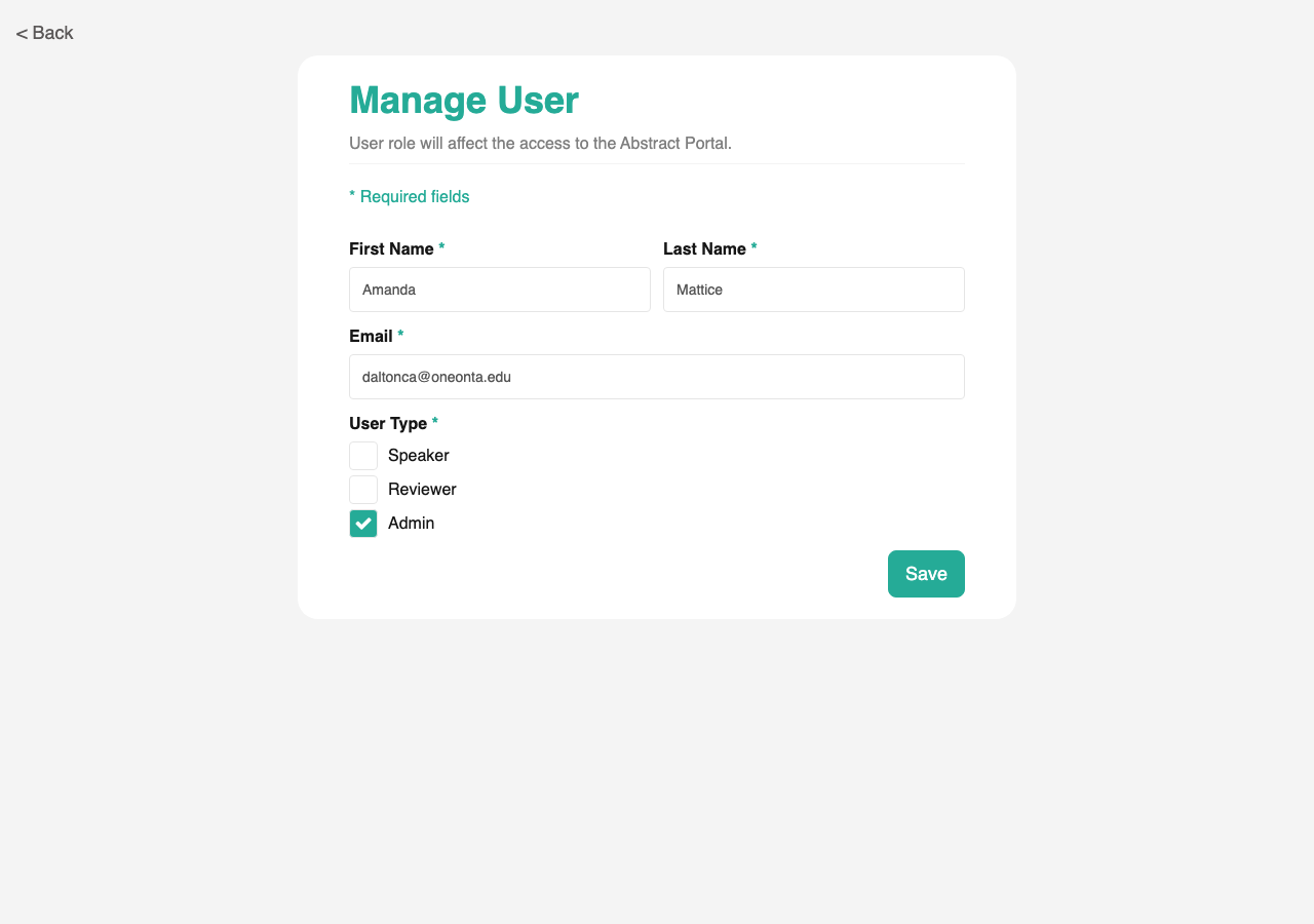 Manage User form: First Name, Last Name, Email, and User Type checkboxes for Speaker / Reviewer / Admin