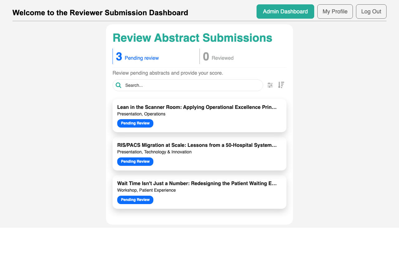 Reviewer dashboard with Pending review / Reviewed counters and queue of three In Review abstracts