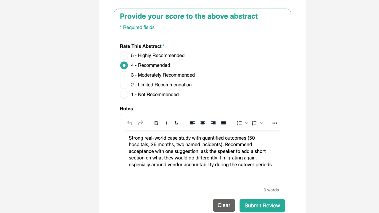 1-5 score radio buttons with descriptive labels (Highly Recommended through Not Recommended) and notes field
