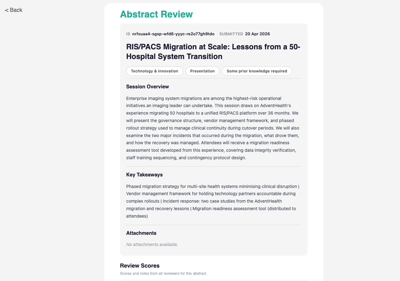 Reviewer Submission Details with full abstract content (speaker info hidden by Settings)
