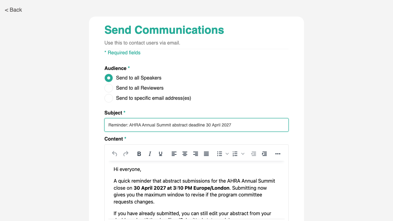 Send Communications form: Audience radios (All Speakers / All Reviewers / specific Emails), Subject, and Content rich-text editor