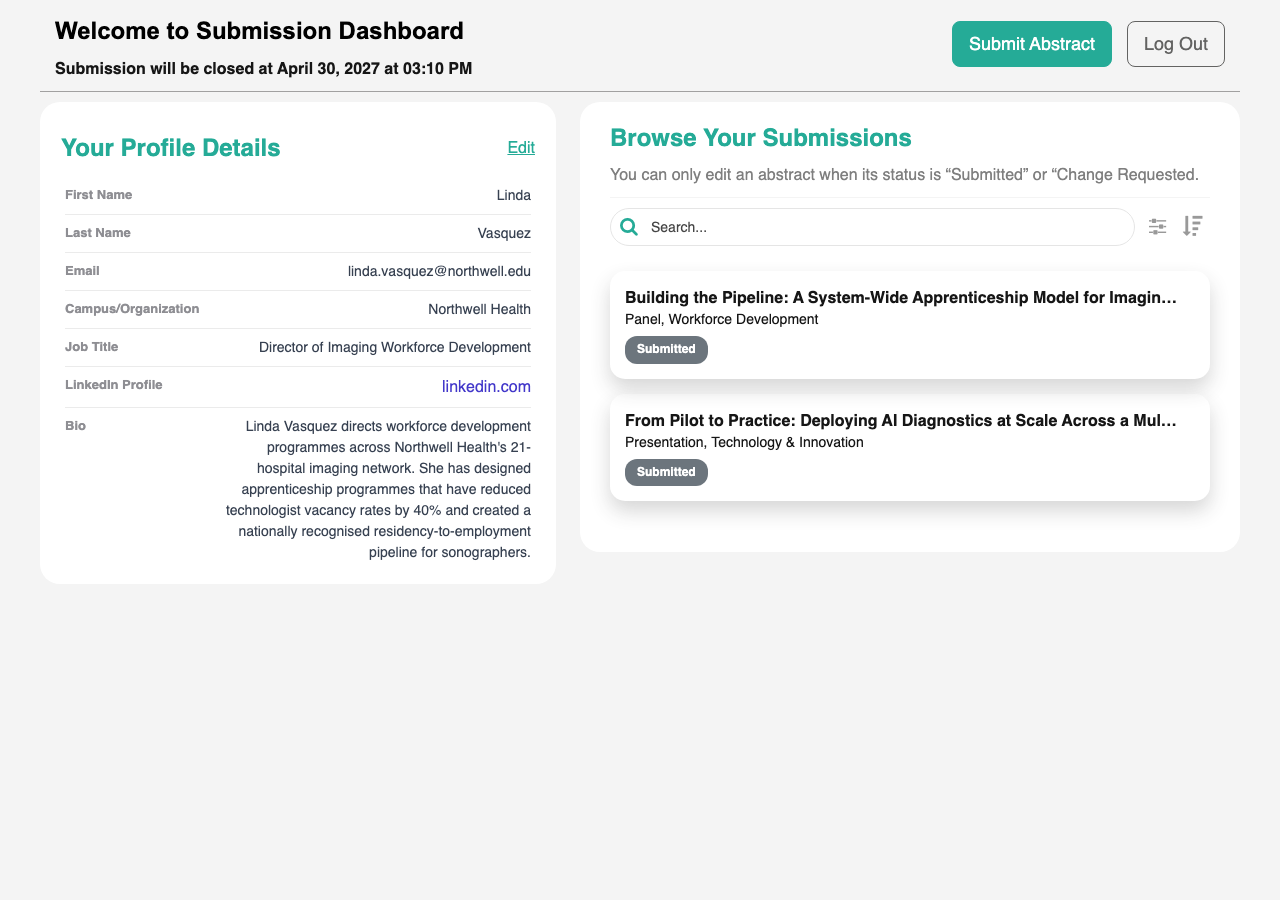 Speaker Submissions dashboard with profile accordion and abstract list