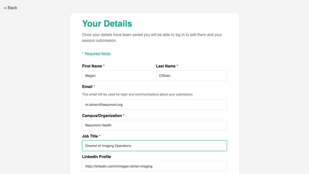 Submit Abstract Step 1 form with profile fields