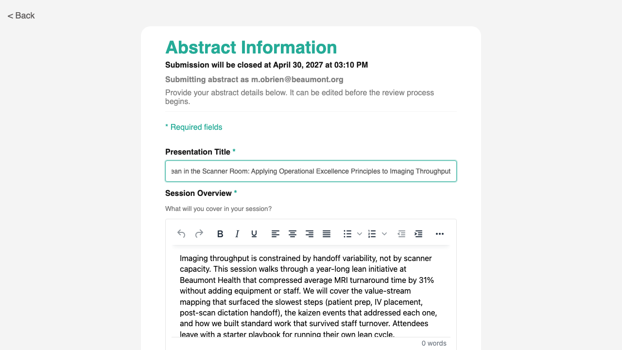 Submit Abstract Step 2 form with abstract fields