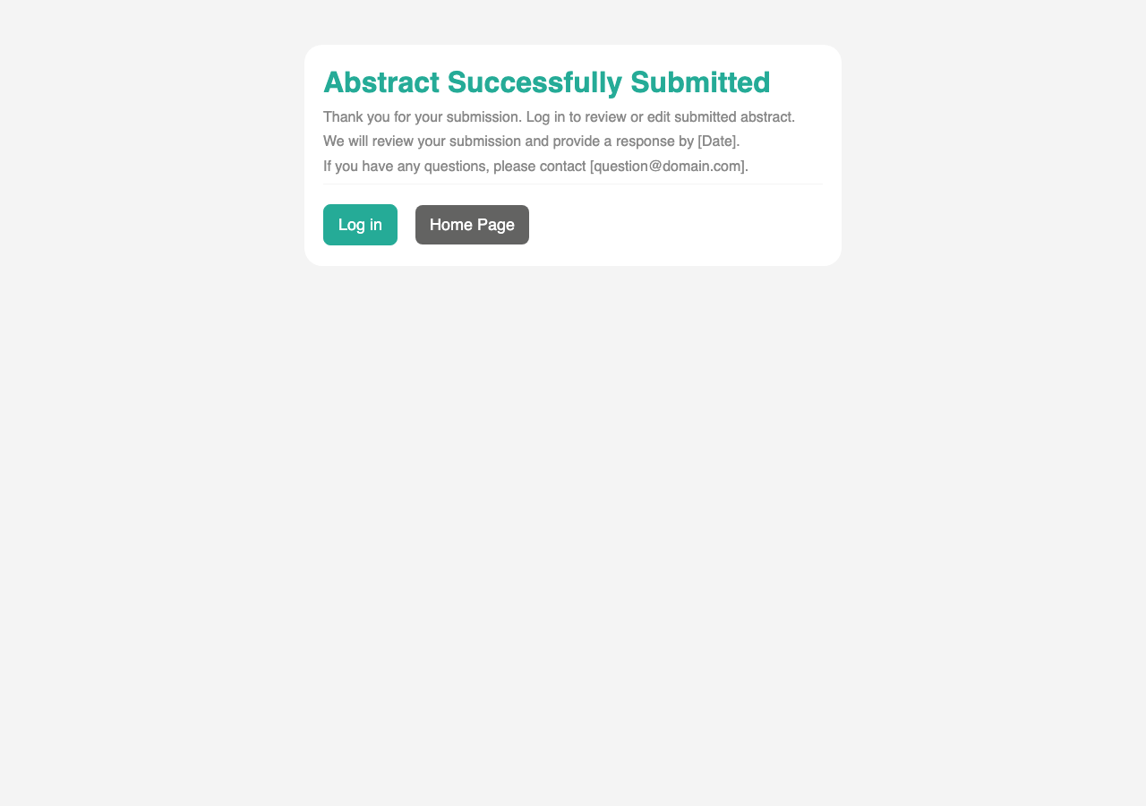 Submission confirmation screen with Log in and Home Page buttons