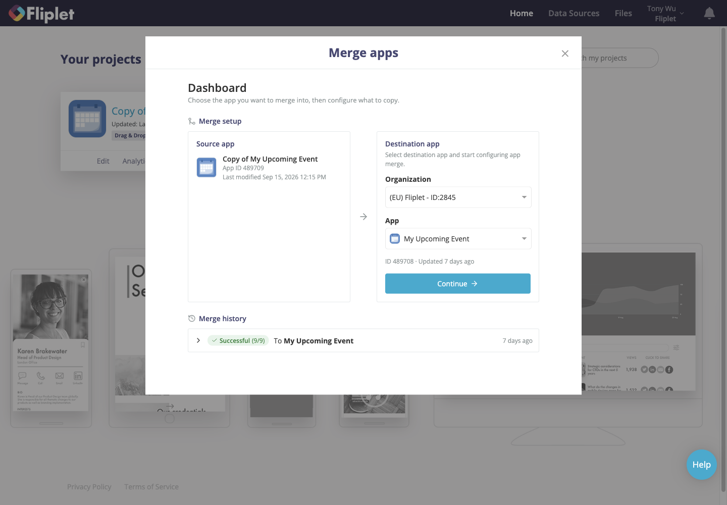 The App merge Dashboard with source and destination apps selected