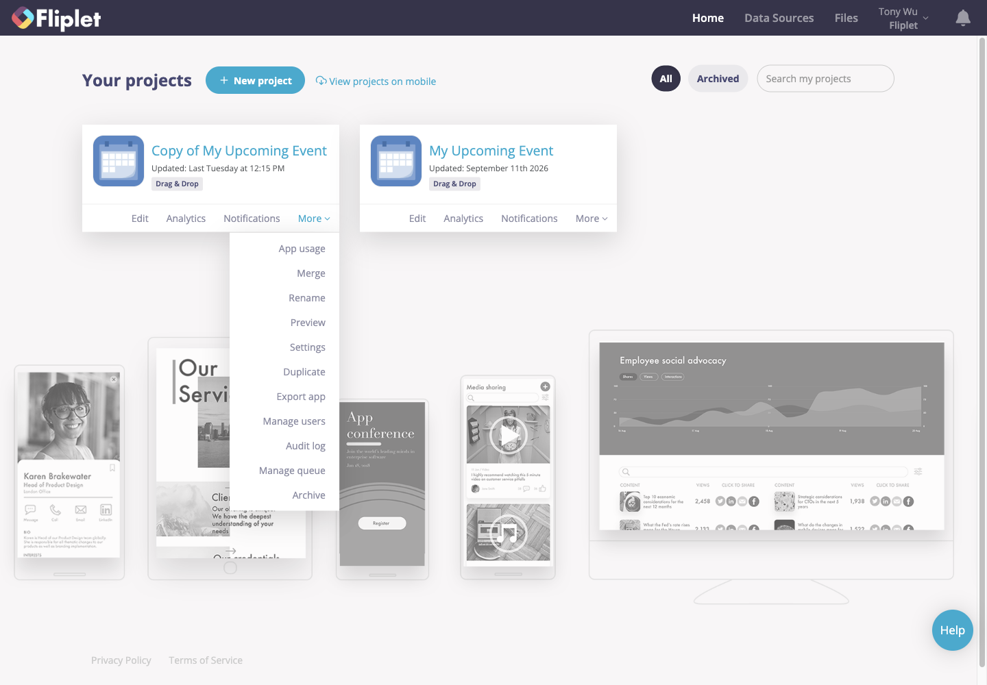 The More menu for an eligible source app, with Merge available