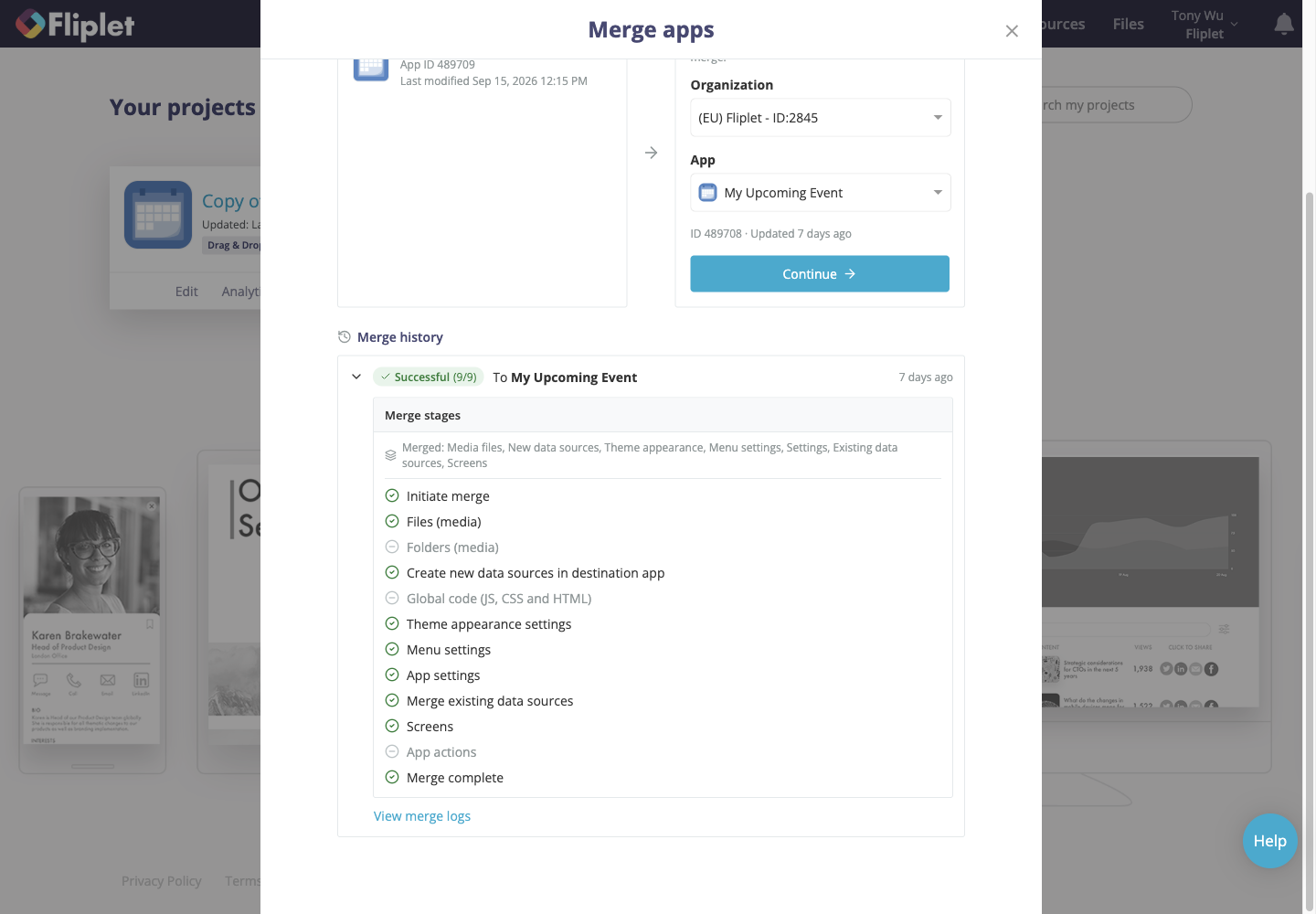 An existing successful merge to My Upcoming Event, with stages expanded and View merge logs available