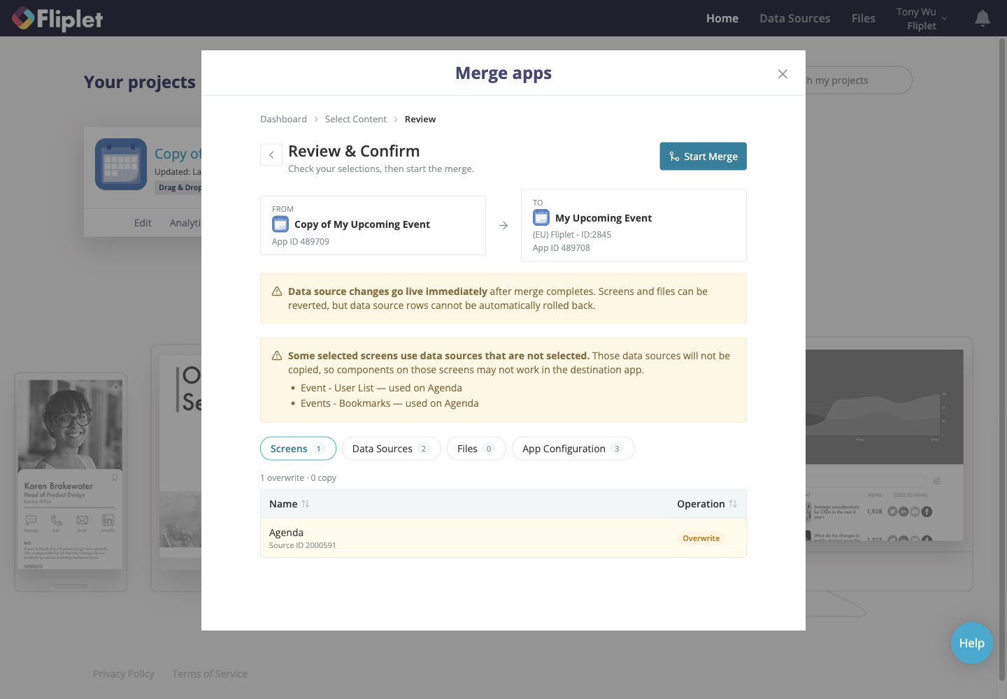Review showing the selected apps, an Overwrite operation and a missing-data-source warning